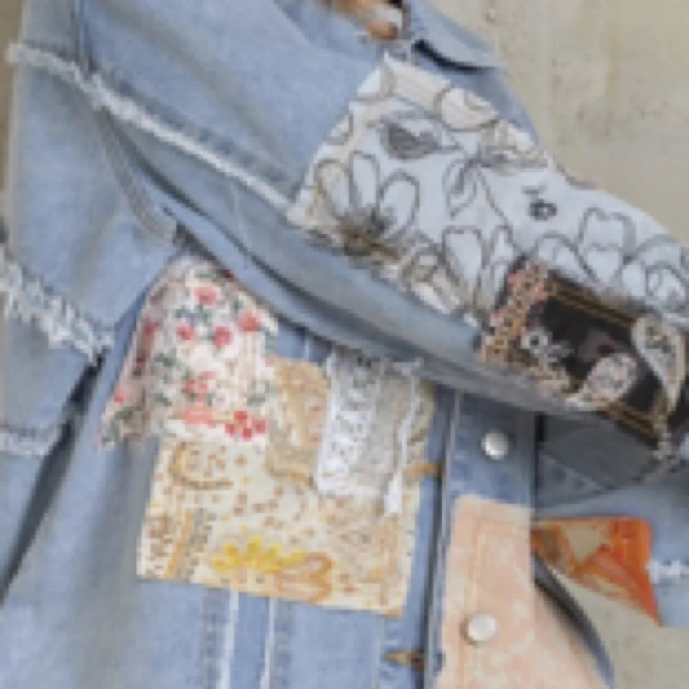 Patchwork Denim and Lace Jacket Distressed Boho Denim Shacket Mixed Floral Lace - Picture 16 of 17